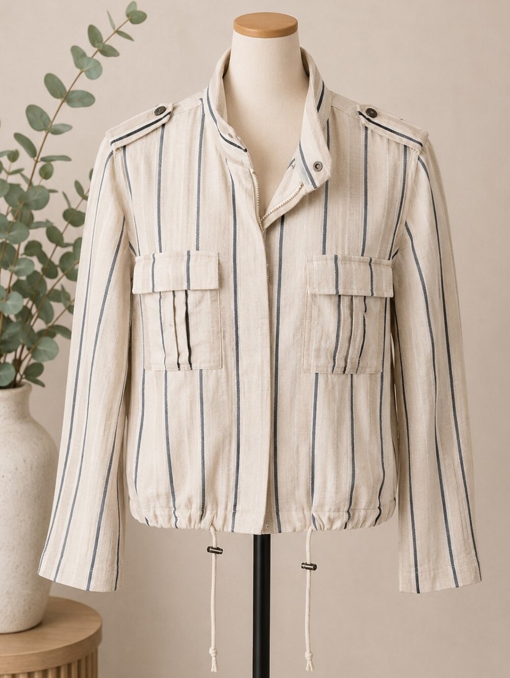 Rails Rowen Utility Jacket Womens XS Coco Stripe Linen Blend Coastal